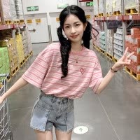[2.5折价68元]唐狮夏季女圆领条纹左胸图案短袖T恤减龄休闲慵懒风韩系百搭