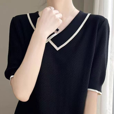 夏季新款女装针织衫拼色错翻领短袖宽松气质冰麻T恤洋气外套上衣