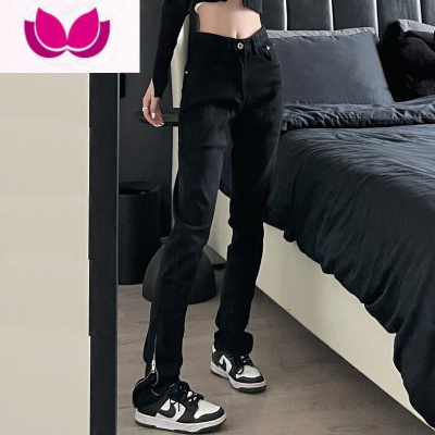 七斓ins高街设计裤脚拉链黑色牛仔裤男美式直筒修身小脚显瘦百搭长裤