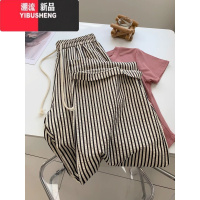 YIBUSHENG韩系复古慵懒竖条纹松紧抽绳休闲裤女季宽松显瘦薄款阔腿直筒裤