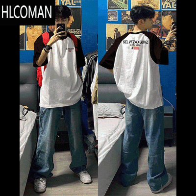 HLCOMAN美式潮牌插肩短袖t恤2024男款宽松拼接半袖上衣服