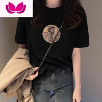 七斓圆领复古印花洋气百搭短袖黑色t恤女夏季新款2023年上衣ins潮