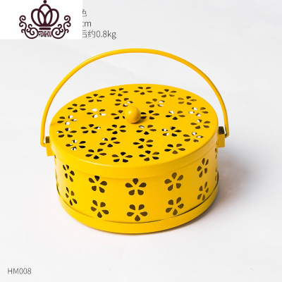 封后北欧创意家用室内蚊香架香薰炉铁艺盘托镂空檀香炉熏香盒带盖防火复古镂空蚊香盒-黄色