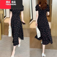 YIBUSHENG2024季新款气质方领泡泡袖中长款开衩裙子时尚短袖碎花连衣裙女