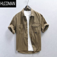 HLCOMAN夏季工装衬衫男Polo衫宽松衬衣男士美式复古短袖t恤