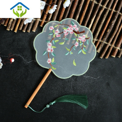 御蓝锦中国风刺绣古典旗袍走秀长柄团扇汉服双面古风礼物拍照搭宫庭扇子繁花（机绣成品）