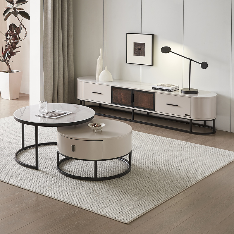 全友家居现代极简高低错落高矮圆茶几钢化玻璃储物电视柜客厅家具