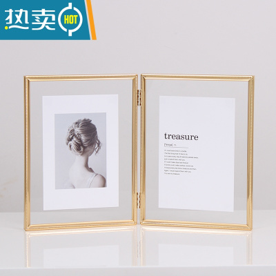 敬平欧式摆台相框折叠连体双面透明6寸7寸8寸10寸金属照片框玻璃摆件 金色竖款 7寸[高清玻璃面]