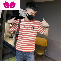 七斓刺绣t恤男潮牌条纹短袖夏季痞帅半袖2023新款精小伙半截袖体恤