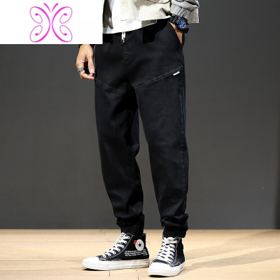YUANSU2020秋季拼接弹力牛仔裤男宽松大码潮牌抽绳胖子束脚裤秋冬款长裤牛仔裤男