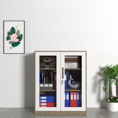 初嘉WJGT-015钢制文件柜窄边资料柜拆装档案柜带锁储物柜咖白套对开门玻璃矮柜