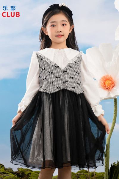 [1件3折]铅笔俱乐部童装2025秋装新款女童连衣裙中大童假两件网纱裙儿童衬衫裙