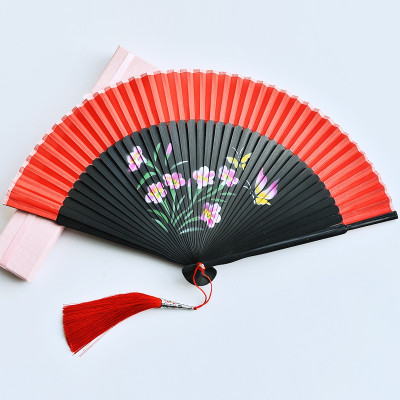 中国风古典女式随身折扇蹦迪酒吧舞蹈扇子汉服日式开合顺滑手感好三维工匠蓝骨大红牡丹（送流苏扇套）