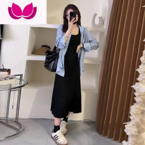 七斓黑色遮肚子中长款背心连衣裙套装女夏季新款条纹衬衫搭配吊带长裙