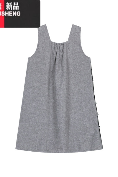 YIBUSHENG灰色小众侧边纽扣设计感背心裙女季宽松连衣裙无袖短裙