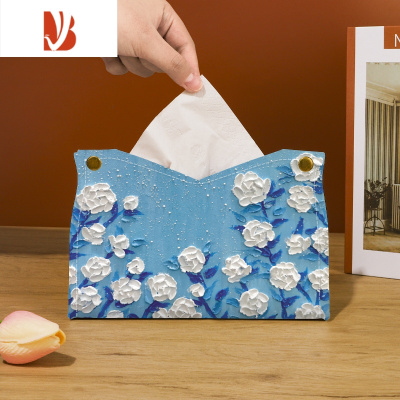 三维工匠中国风油画纸巾盒轻奢抽纸盒车载客厅桌面纸抽套收纳家居摆件 冰蓝玫瑰-抽纸盒