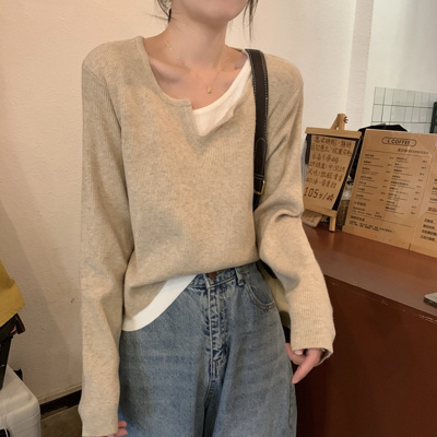 韩版ins风撞色假两件针织衫女秋冬新款显瘦内搭打底学生上衣