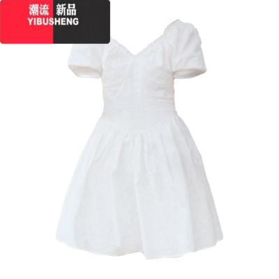 YIBUSHENG法式纯欲白色V领连衣裙季新款小个子奶甜收腰蓬蓬公主仙女短裙