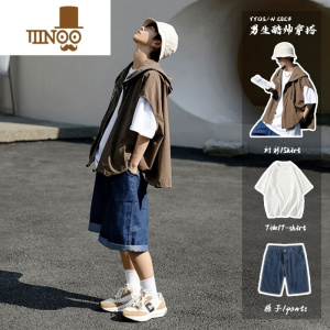 YANXU棕咖色连帽短袖衬衫马甲男款夏季港风男装三件套酷帅穿搭高街外套