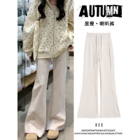 白色毛呢微喇裤女新款秋冬季加绒羊毛裤子高腰显瘦休闲喇叭裤