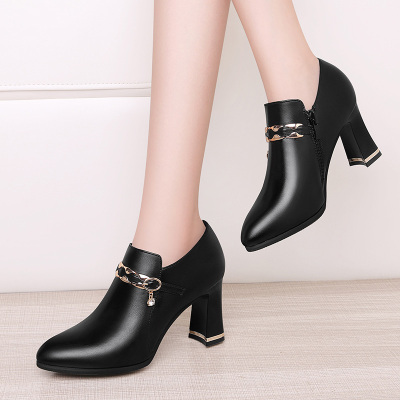 莱卡金顿粗跟休闲皮鞋女鞋2020新款秋季尖头高跟鞋工作鞋女单鞋7062QL7063