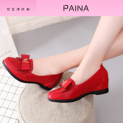 蝴蝶结内增高女鞋新款舒适浅口单鞋一脚蹬坡跟鞋女防滑底工作鞋