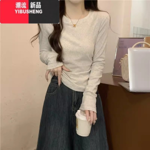 YIBUSHENG春薄款修身收腰t恤女长袖显瘦短款小个子圆领内搭打底衫上衣