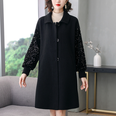 FISHBASKET过膝仿双面绒毛呢大衣女长袖亮片重工加厚中长款外套针织开衫潮毛呢外套