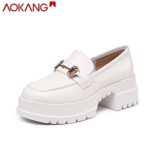 奥康女鞋春秋季乐福鞋女英伦圆头厚底JK松糕底增高女鞋