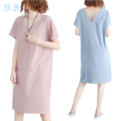 睡衣女夏纯色睡裙宽松大码短袖夏天薄款家居服中长款外穿裙子莎丞
