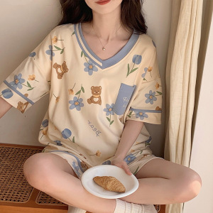 带胸垫短袖短裤睡衣女款夏季薄款甜美可爱卡通可外穿家居服两件套