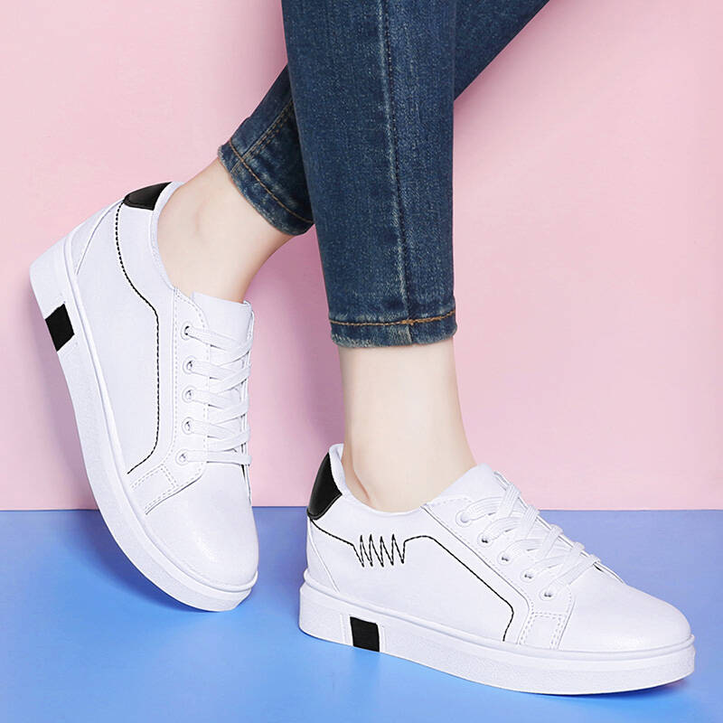 休闲鞋女圆头系带低帮鞋拼色平底休闲防水台女鞋子 白黑色 37