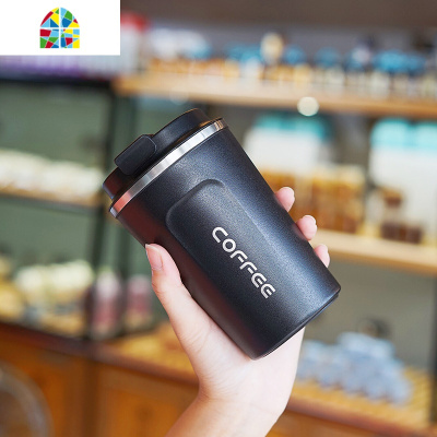 保温杯咖啡韩版不锈钢车载水杯便携男办公室女士原宿简约ins杯子 FENGHOU 翻盖隐藏吸管/500毫升/蓝色