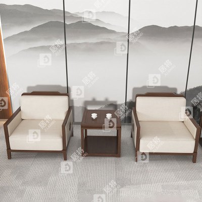 居将 新中式接待沙发贵宾沙发组合 单人位+单人位+茶几