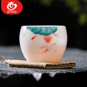 MULTIPOTENT主人杯手绘陶瓷釉下彩功夫茶具羊脂玉品茗杯茶杯鱼戏荷莲单杯