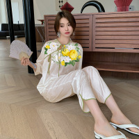 Ceba新中式睡衣女缎面提花春夏薄款短袖长裤两件套丝质家居服
