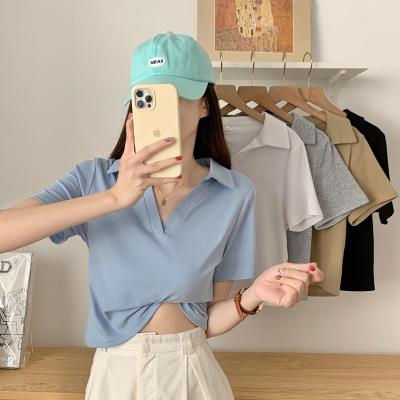 含棉Polo短袖T恤女夏季韩版修身V领纯色短款正肩打底衫女士上衣服