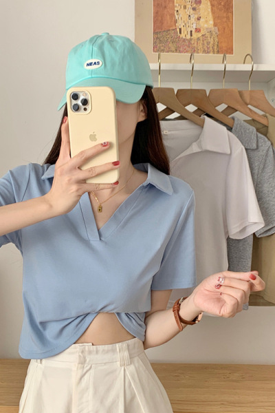 含棉Polo短袖T恤女夏季韩版修身V领纯色短款正肩打底衫女士上衣服