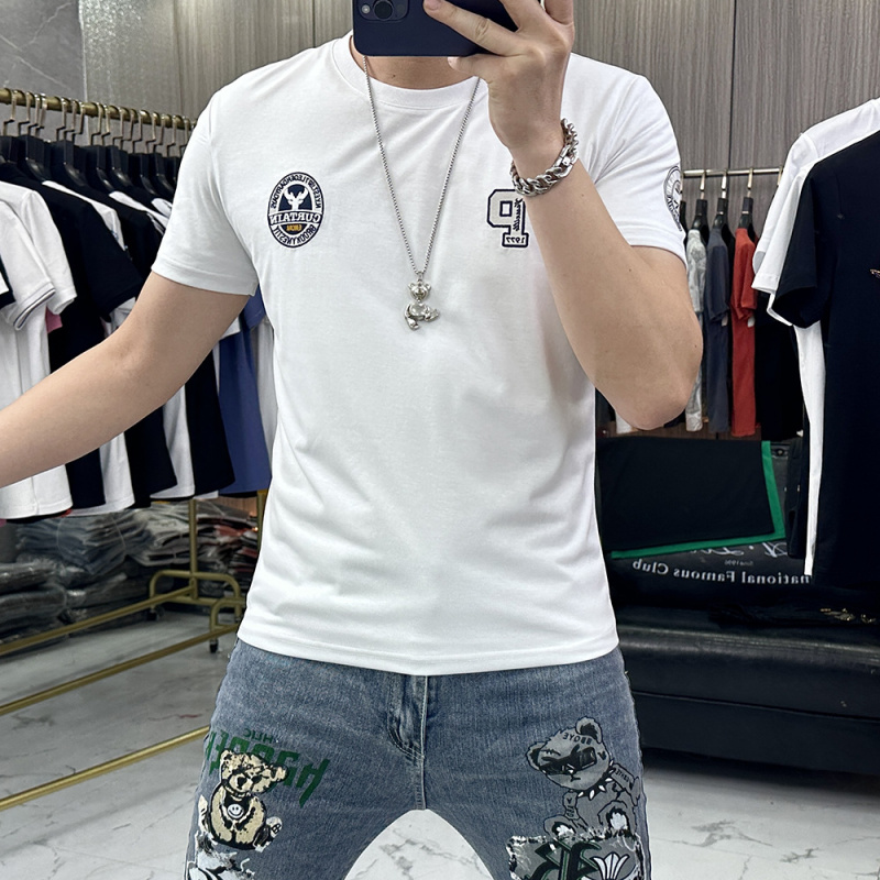 欧洲站夏季短袖T恤男士上衣刺绣时尚潮流圆领修身半袖体恤打底衫