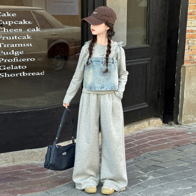 女童牛仔马甲三件套春秋新款儿童洋气长袖卫衣秋装阔腿裤套装