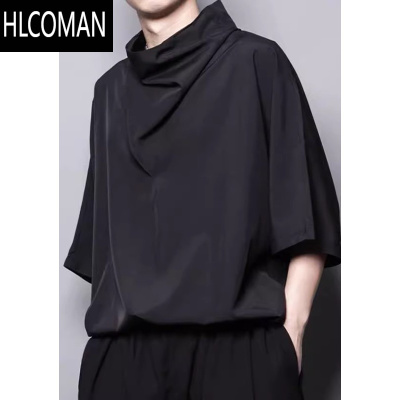 HLCOMAN暗黑系山本风冰丝五分袖男宽松个性简约薄款休闲高堆领短袖t恤潮