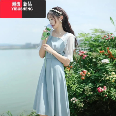YIBUSHENG2024年季新款法式交叉收腰系带拼接雪纺飞飞袖方领连衣裙女春