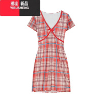 YIBUSHENG纯欲红色格子短袖连衣裙女季法式辣妹收腰显瘦包臀裙子气质短裙