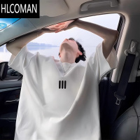 HLCOMAN美式复古T恤男夏季小领口三条杠短袖oversize宽松五分袖