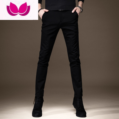七斓高端纯黑色牛仔裤男秋季青年韩版潮牌修身小脚弹力百搭休闲裤子男