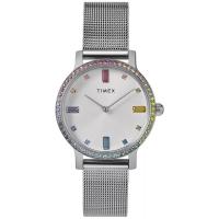 Timex 女款优雅银色阳光表盘腕表彩色水晶点缀时尚简约风尚