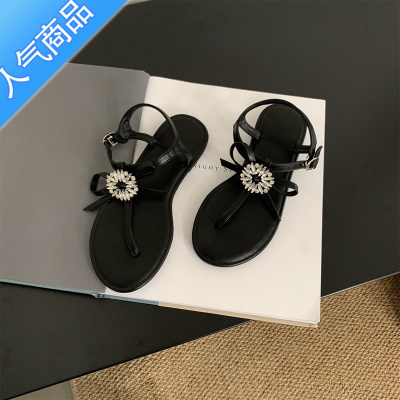 SUNTEK夹脚凉鞋女2023年新款夏季法式晚风仙女水钻蝴蝶结外穿沙滩平底鞋