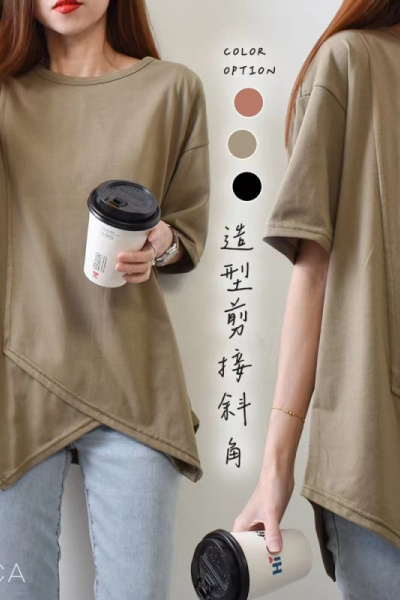 大码女装夏季胖mm设计感不规则开叉短袖T恤上衣宽松学生情侣上衣