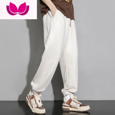 七斓绒裤子男士夏季薄款潮牌宽松运动休闲长裤杏色束脚卫裤男