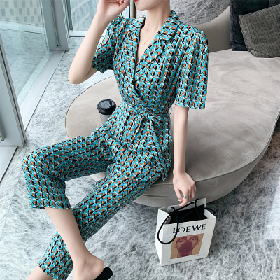 子沫雨2021年夏季新款女士套装时尚洋气花色雪纺连体裤短袖显瘦连体衣阔腿九分裤子